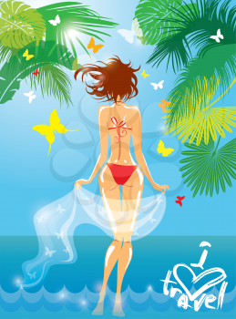Woman in bikini swimwear at tropical beach with palm tree leaves and butterflies on background. I love travel illustration for summer, vacation or holidays design.