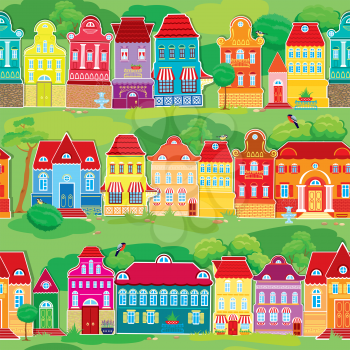 Seamless pattern with decorative colorful houses, spring or summer season. City endless background. Ready to use as swatch. 
