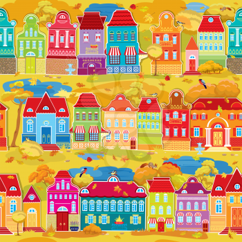 Seamless pattern with decorative colorful houses, fall or autumn season. City endless background. Ready to use as swatch. 