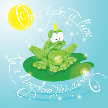 Frog Prince with Crown.  Calligraphic text  for your fairy tale and fantasy design: Once upon a time in a kingdom far away.
