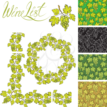 Set of grapes frames and repeated element  for wine labels or menu design, Seamless patterns - hand drawn wine grapes background.