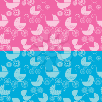 Set of seamless pattern with buggy on pink and blue background. Baby shower for girl and boy.