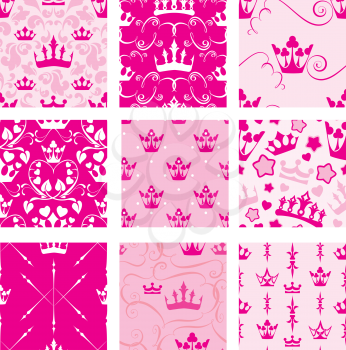 Set of Pink backgrounds with Princess crowns. Seamless backdrop patterns for girls design.