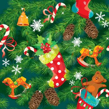 X-mas and New Year background with Christmas accessories, stockings, sweets, horse and teddy bear toys and fir tree branches. Seamless pattern for holiday design. 