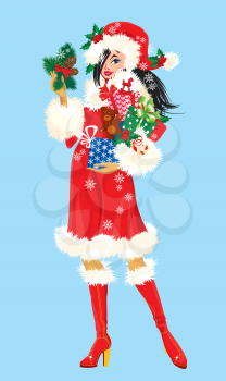 Brunette Christmas Girl wearing Santa Claus suit and carrying christmas presents and gifts