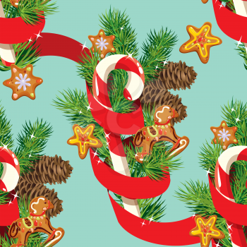 Seamless christmas pattern with  xmas gingerbread, candy, red ribbon and fir tree branches. Background for Christmas and New Year holidays design.