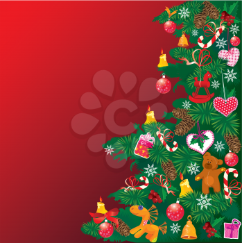 Christmas tree with accessories on red background with empty space for your text