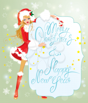 Blond xmas Girl wearing Santa Claus suit staying behaind frame with handwritten text Marry Christmas and Happy New Year