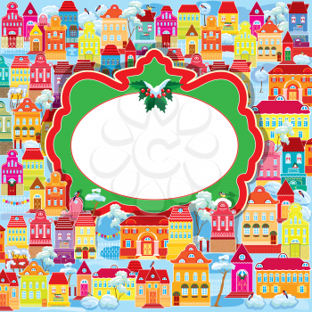 Frame with decorative colorful houses. Christmas and New Year holidays card with small fairy town. 