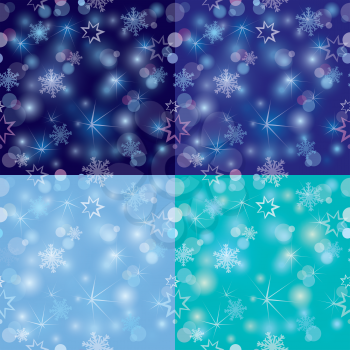 Seamless pattern with Blurred Christmas Lights and snowflakes for Xmas Holiday Design. Abstract winter background