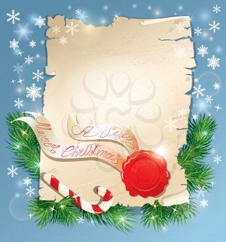 Christmas greeting magic scroll with wax seal of Santa Claus on blue snowflakes holiday background