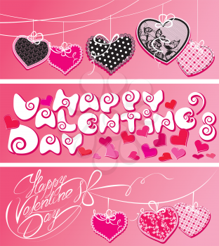 Set of 3 horizontal banners. Happy Valentine`s Day. Calligraphic elements, holiday cards with hearts and handwritten text