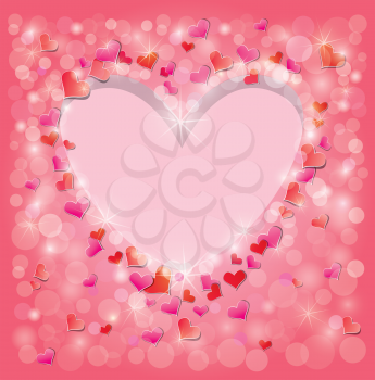 Valentine's day or Wedding pink background with Red hearts confetti and lights. Holidays frame, love abstract backdrop.