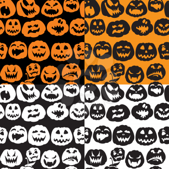 Halloween seamless pattern with pumpkins faces - different emotions cartoons - backgrounds in orange and black colors