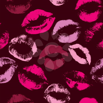 Seamless pattern with beautiful violet and pink colors lips prints on dark background.
