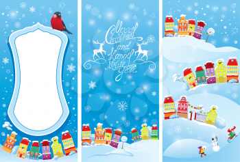 Set of vertical banners with small fairy town on light blue sky background with decorative colorful houses in winter time. Images for Christmas and New Year design