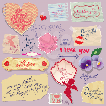 Set of vintage papers and labels, heart, calligraphic texts for Valentines Day design.