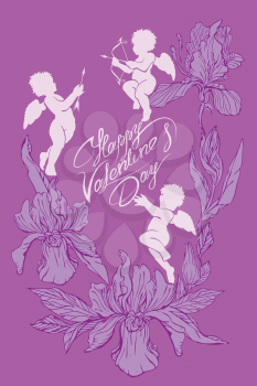 Holiday card with cute angels and orchid flowers on purple background. Handwritten calligraphic text Happy Valentines Day, Vintage style.