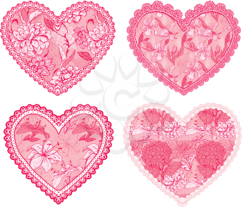 Set of 4 Pink fine lace hearts with floral pattern. Design elements for wedding or Valentines Day card