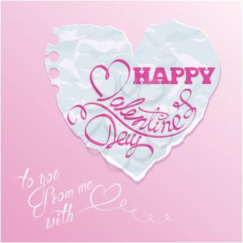 Vintage card, heart is made of old paper peace with handwritten calligraphic text Happy Valentines Day.