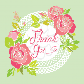 Thank you card with beautiful flovers, pink roses and lace white round frame. Stylish floral background with calligraphic handwritten text, vintage style.