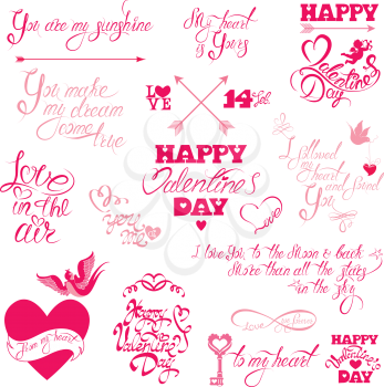Set of hand written text: Happy Valentine`s Day, I love you, Love in the air, etc. Calligraphy elements for holidays or wedding design in vintage style, hearts, birds, angels. 