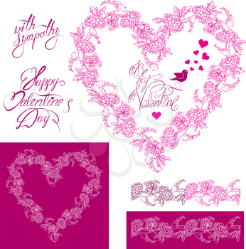 Floral elements: heart frame, seamless border with flowers, calligraphic hand drawn text Happy Valentines day, Design for holidays, greeting cards, invitations, posters, prints.