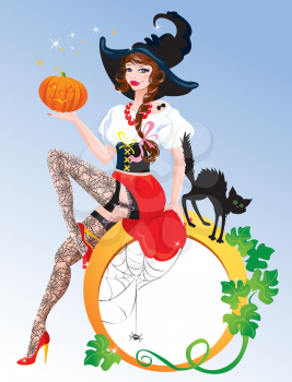 Brunette Pin Up Halloween Girl wearing witch suit and stockings carrying pumpkin with black cat. Round frame for text. 