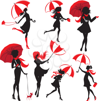 Set of girls silhouettes with umbrellas, isolated on white background, autumn season