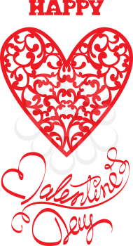 Red ornamental floral heart with calligraphic text Happy Valentine`s Day, isolated on white background. Holiday card.