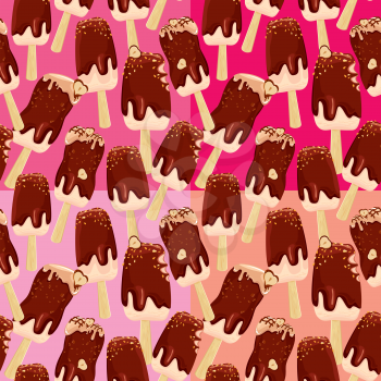 Set of seamless patterns with stick ice-cream bar with Chocolate and nuts , on different tones pink and red backgrounds.