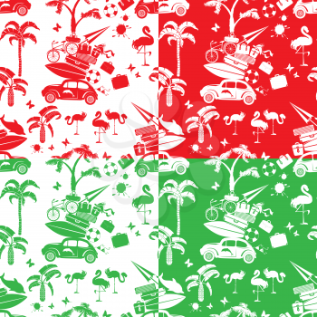 Set of seamless patterns with small retro travel car, luggage, palm trees, flamingo, red, green and white color backgrounds. Element for summer greeting, posters and t-shirts printing