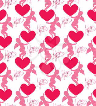 Seamless pattern with silhouettes of angel and heart. Calligraphic text I love you. Happy Valentine s Day pink background, Love concept.