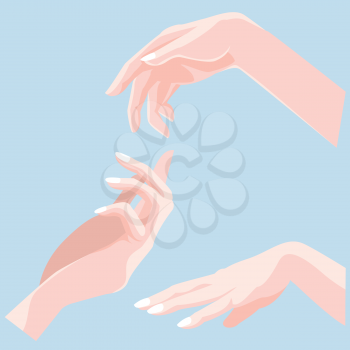 Set of beautiful woman hands isolated on blue background. 