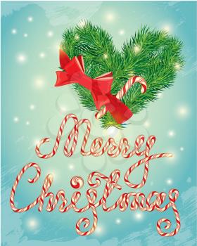 Holiday greeting Card with xmas candy and fir-tree branches in heart shape. Hand written calligraphic text Merry Christmas on frosen winter background.