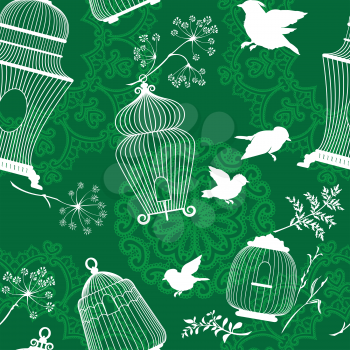 Seamless pattern with decorative white Silhouettes of bird cage, flying birds, plants on green background with mandala ornaments.