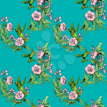 Seamless pattern. Colibri and flowers on blue background. Hand drawn image for floral design.
