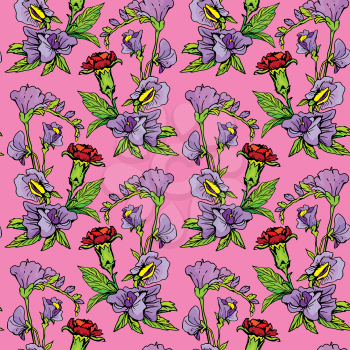 Seamless pattern with Realistic graphic flowers on pink backdrop - hand drawn background.