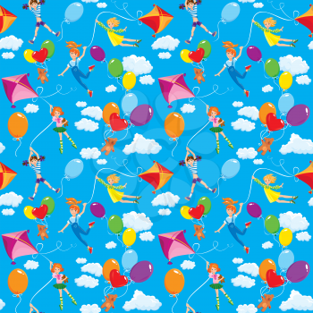 Seamless pattern with clouds, colorful balloons, kite and cute girls with teddy bears on sky blue background. 