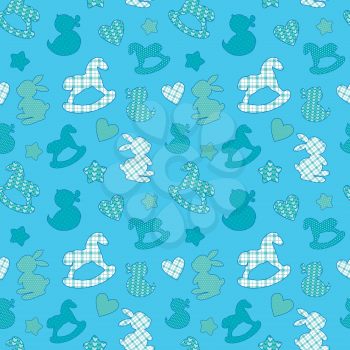 Seamless pattern with toys. Newborn boy blue color background. Design for baby shower, card, invitation, etc.