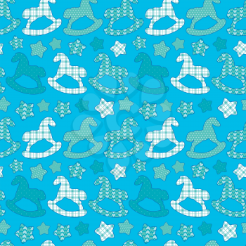 Seamless pattern with toys - horses and stars. Newborn boy blue color background. Design for baby shower, card, invitation, etc.