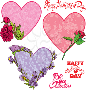 Set of 3 Decorative handdrawn floral hearts, calligraphic texts Happy Valentines Day, Be my Valentine, isolated on white background. Elements for holiday, love design.