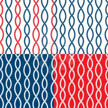 Set of Seamless nautical patterns on blue, red, white backgrounds with rope loops. Marine design for summer season, vacation, travel. Fabric print. Repeating wallpaper.