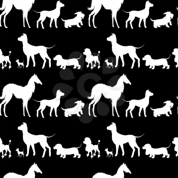 Seamless pattern with white dogs silhouettes - Dachshund, mastiff, chihuahua, scotchterrier, poodle on black background. Animal design.