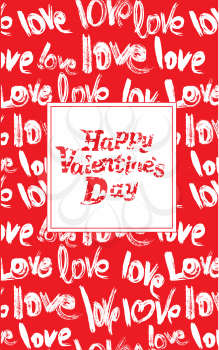 Red background with white brush strokes and scribbles in heart shapes and words Love - Happy Valentines Day card in grunge style.