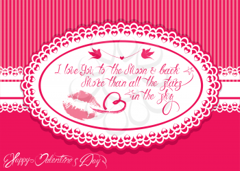 Horizontal Holiday card with oval frame on pink background. Handwritten calligraphic text Happy Valentines Day, I love you to the moon and back. More than all the stars in the sky.