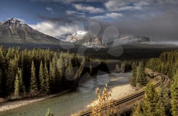 Bow River and Train Tracks near Lake Louise Alberta Canada