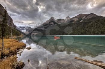 Lake Louise Glacier  canoe and emerald color