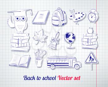 Back to school vector set with checkered notebook paper background. Isolated.