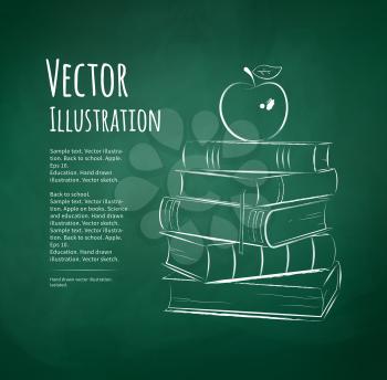Apple on books. Chalkboard drawing. Vector illustration.